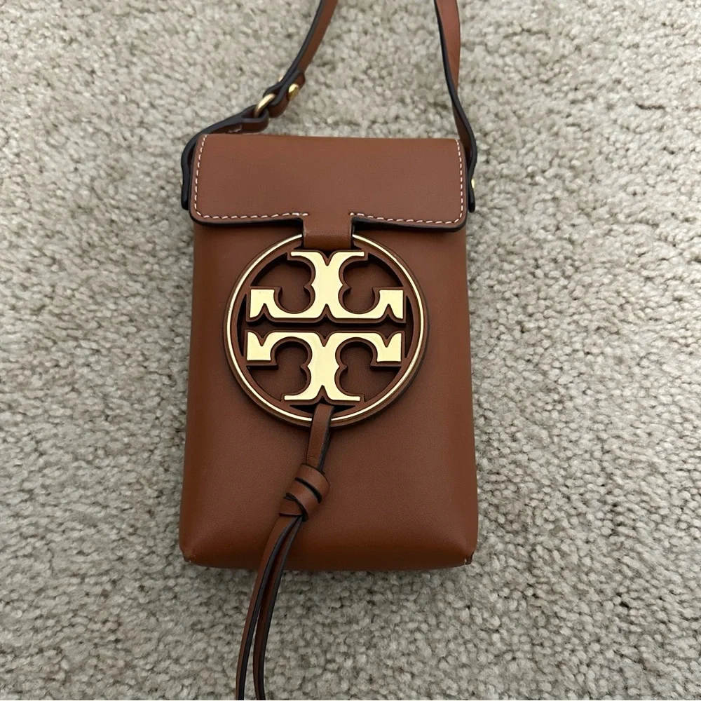 Tory Burch‎ Miller Metal Phone Crossbody Purse Bag in Aged Camello Leather EUC